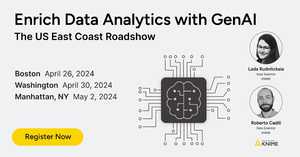 Join us for #KNIME #GenAI Roadshow on the US East Coast in Boston (April 26), Washington, D.C. (April 30), and New York (May 2). Learn how to enrich data analytics with GenAI without writing a line of code. Learn more: brnw.ch/21wIYZn #lowcode #nocode #opensource