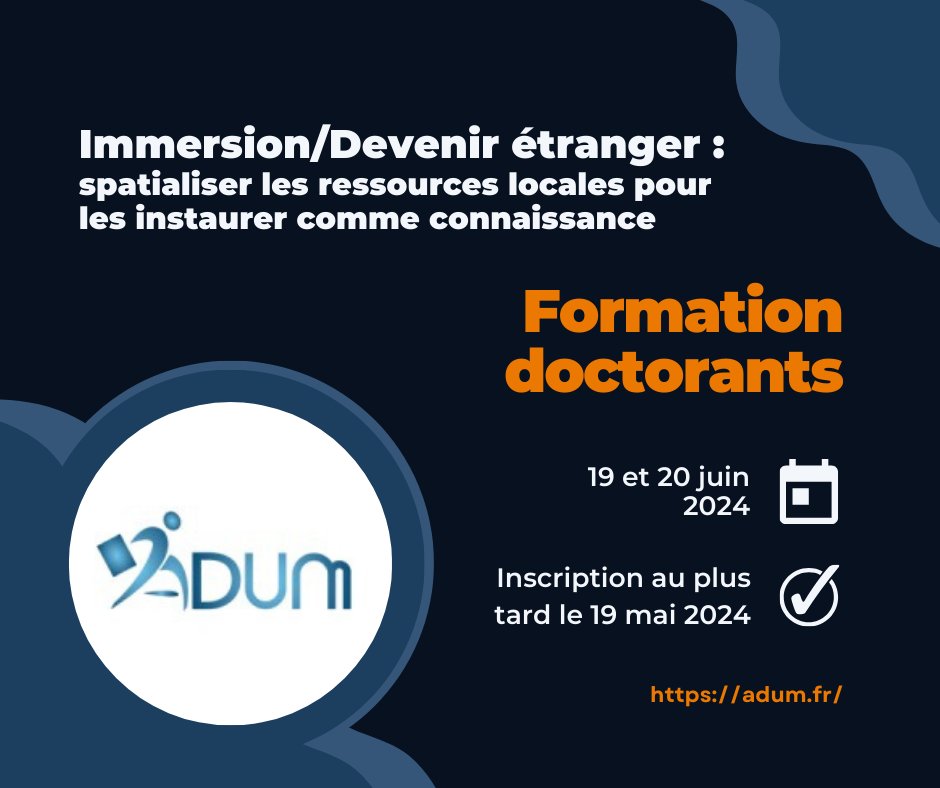 𝔽𝕆ℝ𝕄𝔸𝕋𝕀𝕆ℕ 𝔻𝕆ℂ𝕋𝕆ℝ𝔸ℕ𝕋𝕊| 𝕀𝕞𝕞𝕖𝕣𝕤𝕚𝕠𝕟/𝔻𝕖𝕧𝕖𝕟𝕚𝕣 𝕖́𝕥𝕣𝕒𝕟𝕘𝕖𝕣
⏰Date limite d’inscription : 19 mai 2024
🗓️Date de la formation : 19-20 juin 2024
🚩Lieu : ENSAG, Grenoble

adum.fr/script/catalog…