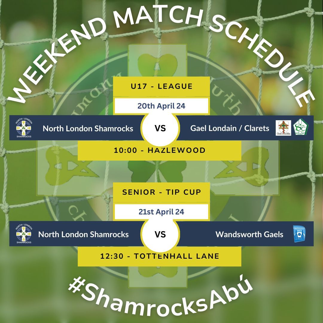 It's all happening this weekend at the club! 📣☘️Come & support the teams! 👏☘️ 20/04 : 🏐 U17 League vs. Gael Londain/St. Clarets at Hazelwood, 10:00 am.21/04🏆 Senior Tip Cup Round 2 vs. Wandsworth at Tottenhall Lane, 12:30 pm. Let's rally behind our seniors! Best of luck!