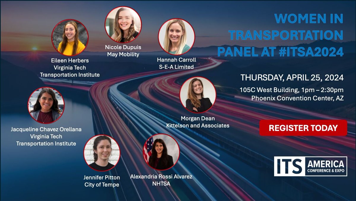 Join #VTTI's Eileen Herbers and Jacqueline Chavez-Orellana on 4/25 at ITS America for a panel on Women in Transportation! They will join other women, including a few #Hokies, to discuss their careers in transportation. #ITSA2024 ow.ly/yOeQ50Re4zG