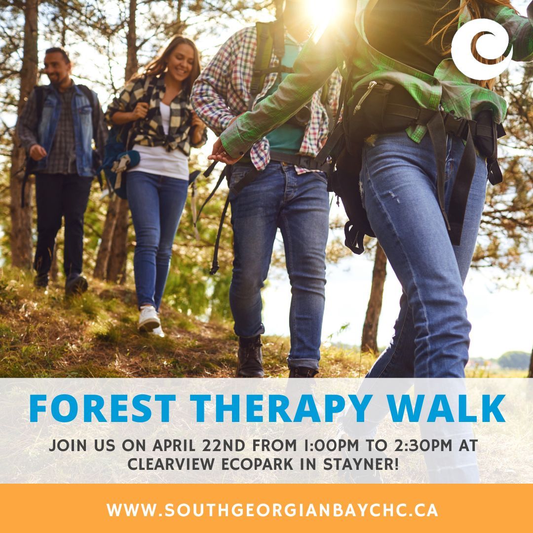 Don't forget to register for our rejuvenating Forest Therapy Nature Walk happening on April 22nd from 1:00 PM - 2:30 PM at Clearview EcoPark in Stayner! To register please visit southgeorgianbaychc.ca/program/33. @freespirittours @Clearview_twp #ForestTherapy #NatureWalk #CommunityEvent
