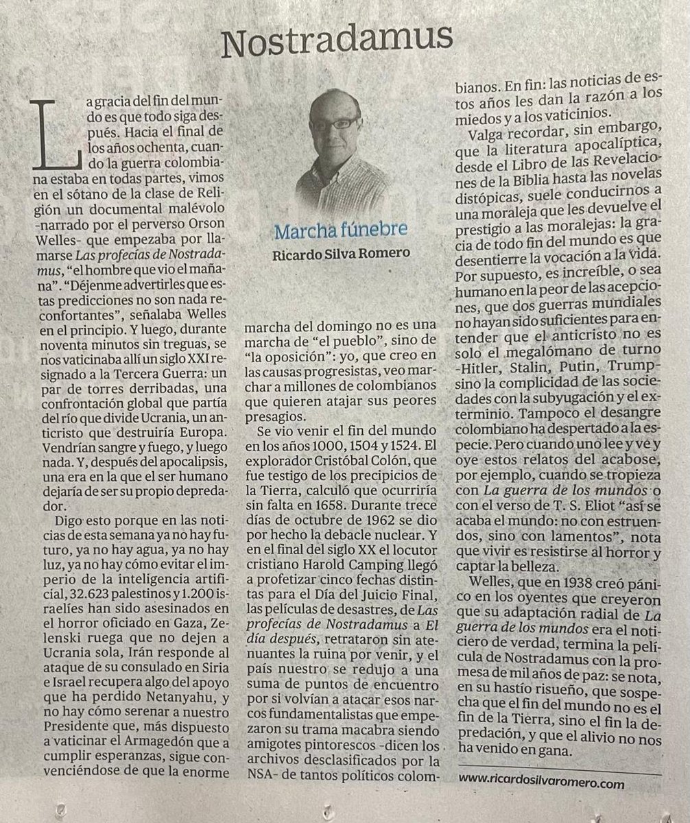 RSilvaRomero's tweet photo. Y aquí la versión en papel de mi columna de hoy, Nostradamus, sobre la utilidad del fin del mundo: "Vendrían sangre y fuego, y luego nada. Y, después del apocalipsis, una era en la que el ser humano dejaría de ser su propio depredador". https://t.co/5jdpBB9q5J