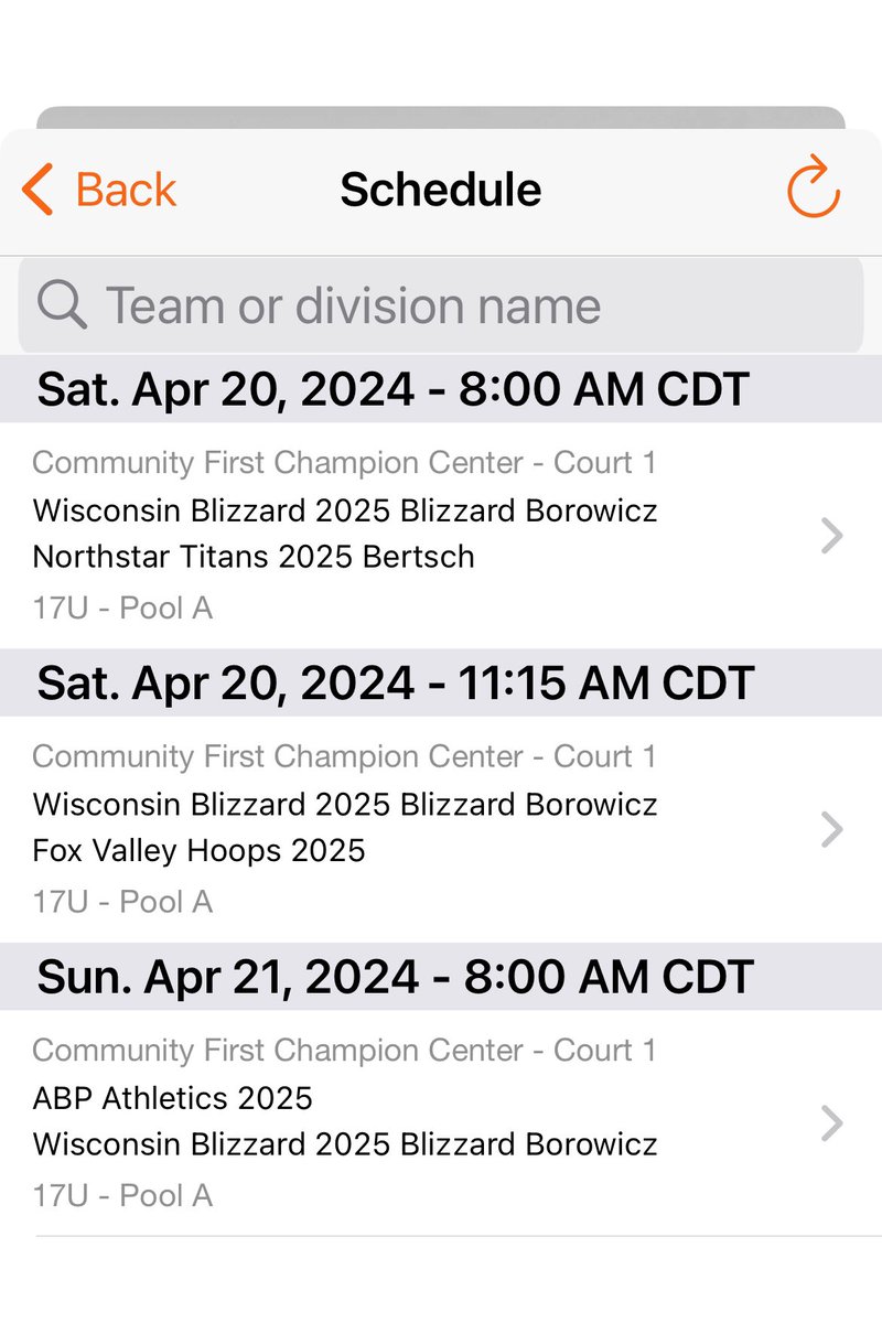 @WIBlizzard2025 schedule for the weekend at the @PHCircuit Madness in the Midwest tourney at the Champions Center in Appleton.