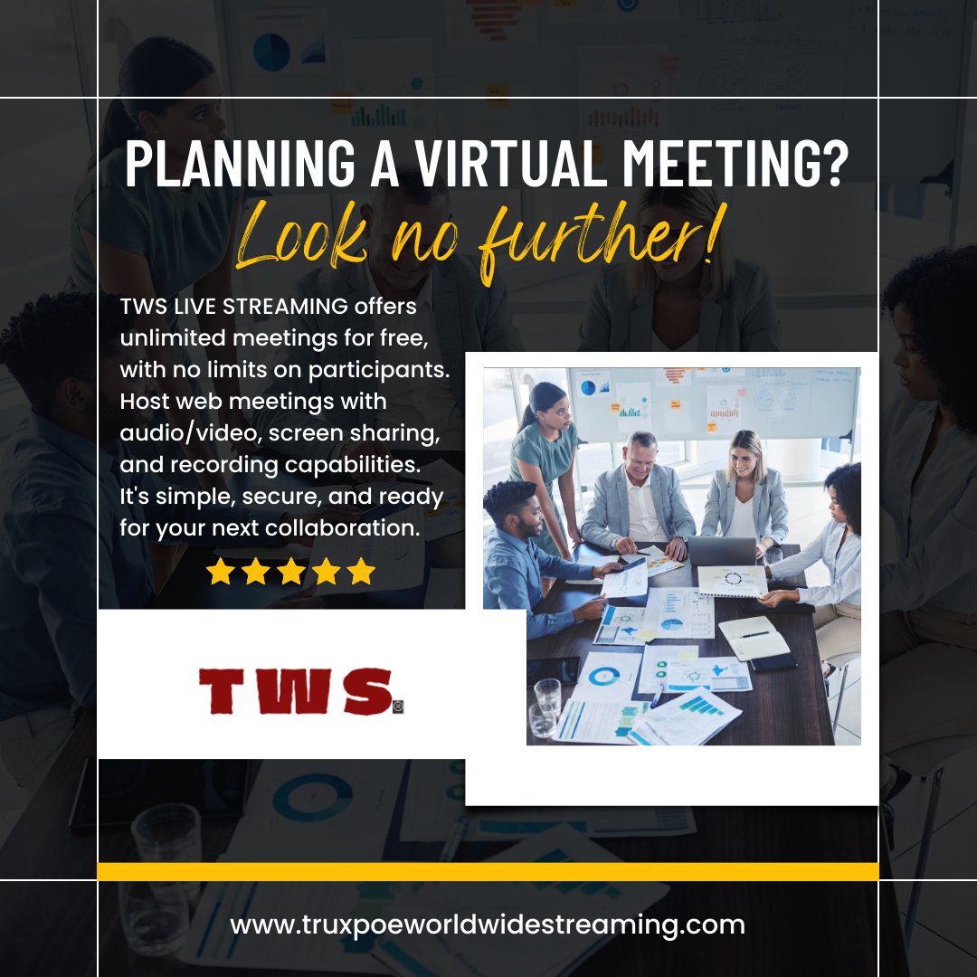 Elevate your virtual meetings with #TWSLiveStreaming! Host unlimited meetings with ease and efficiency. #VirtualMeetings #WebConferencing #OnlineCollaboration #TeamCommunication #EfficientWorkflows #ProductivityBoost #ConnectAnywhere