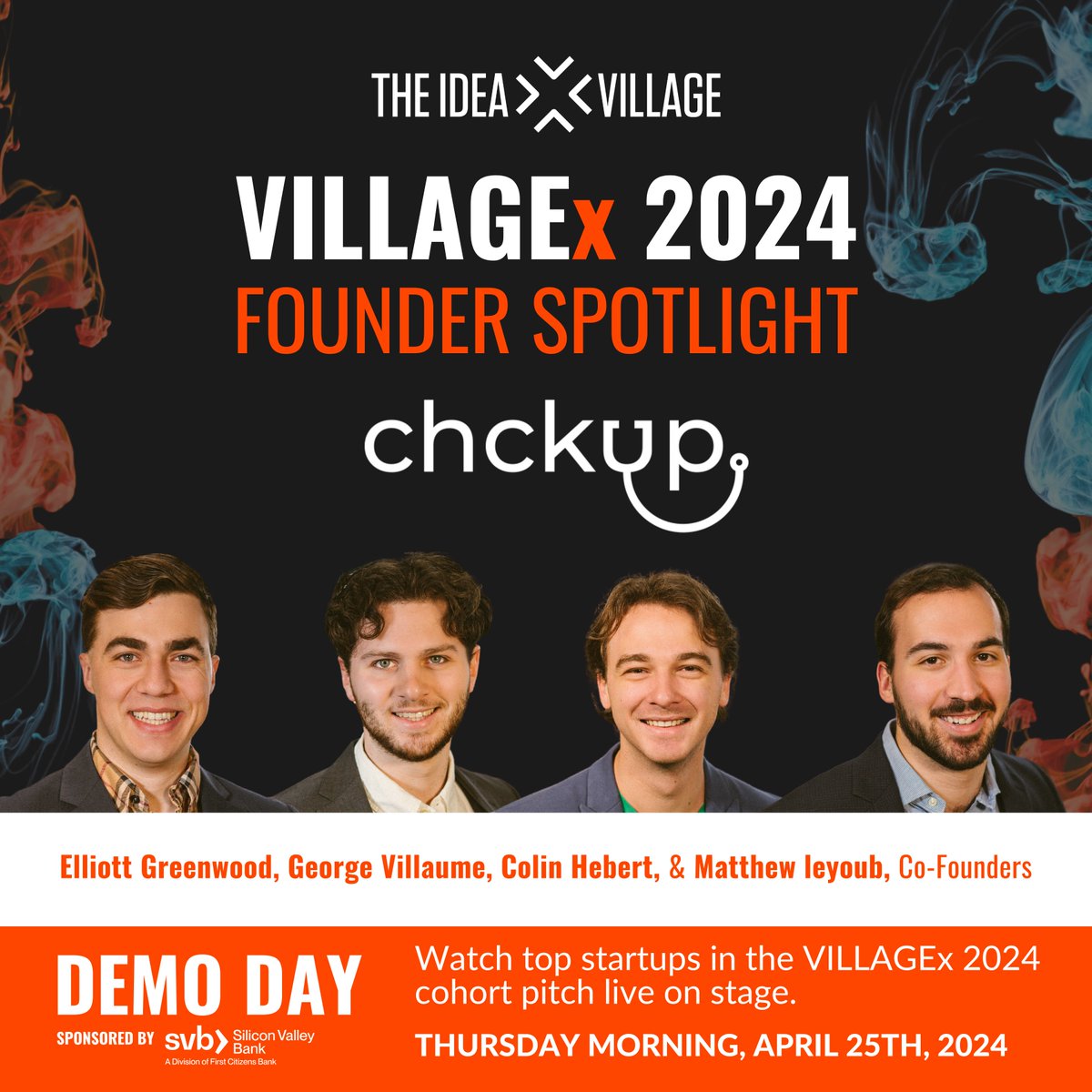 Meet Elliott Greenwood, George Villaume, Colin Hebert, & Matthew leyoub, co-founders of Chckup – a fully integrated analytics, client communications, & reputation management software that helps vet practices save more money & pets. 🐕 Register here: ideavillage.org/demoday2024