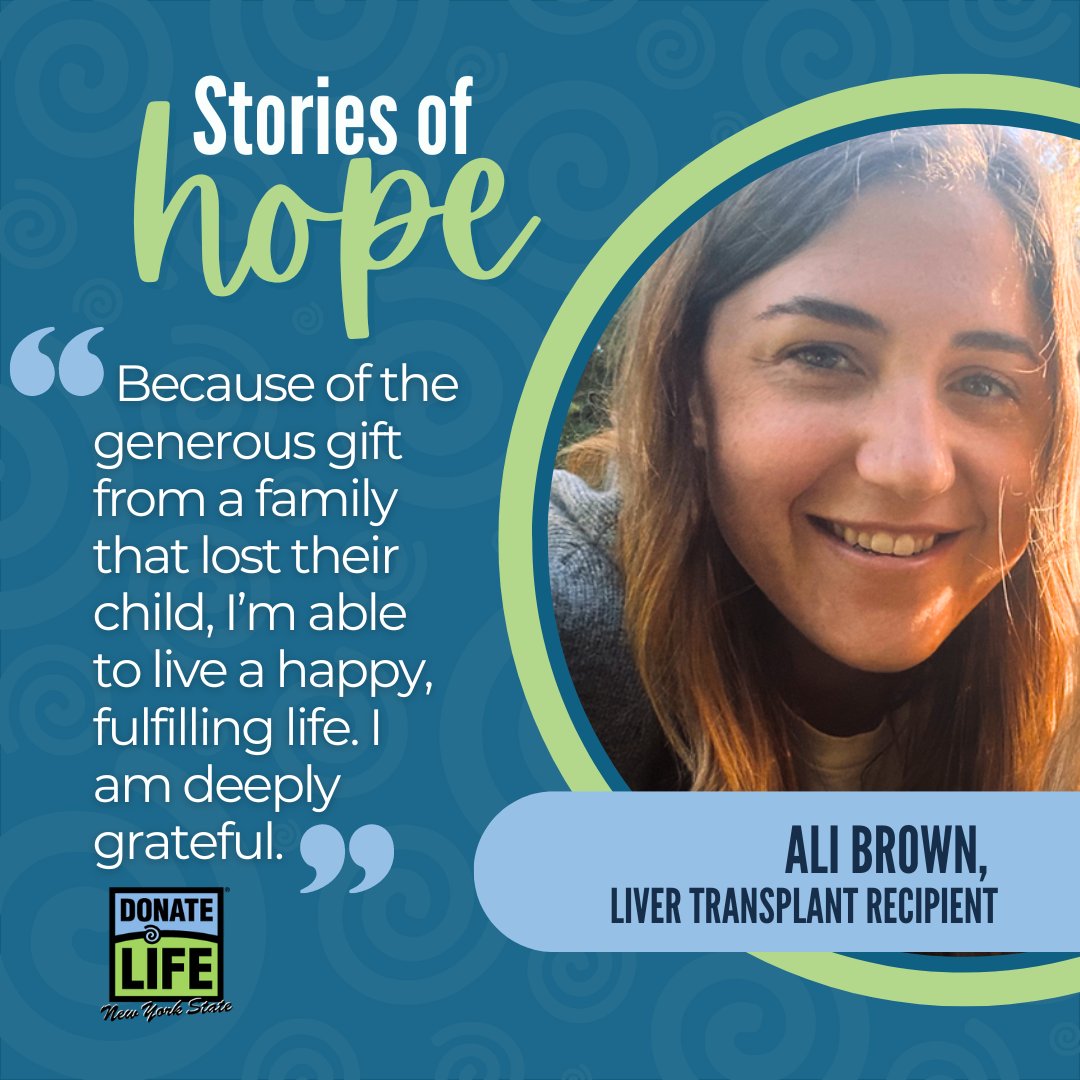 In recognition of #PediatricTransplant Week, we honor Ali Brown, who received a lifesaving liver transplant at age 11 in 2002. Ali enjoys hiking w/ her dog Scarlett & spending time with family. Enroll as an organ, eye, and tissue donor at donatelifenys.org/register.