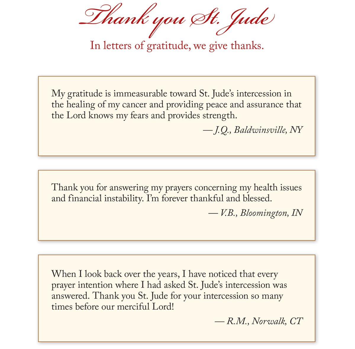 In letters of gratitude, we give thanks.

Consider sharing your own Letter of Gratitude and join the many St. Jude devotees who share God’s blessings received through our Patron’s intercession: bit.ly/sendlettersofg…

-

#ThankYouStJude #StJudePrayForUs #lettersofgratitude