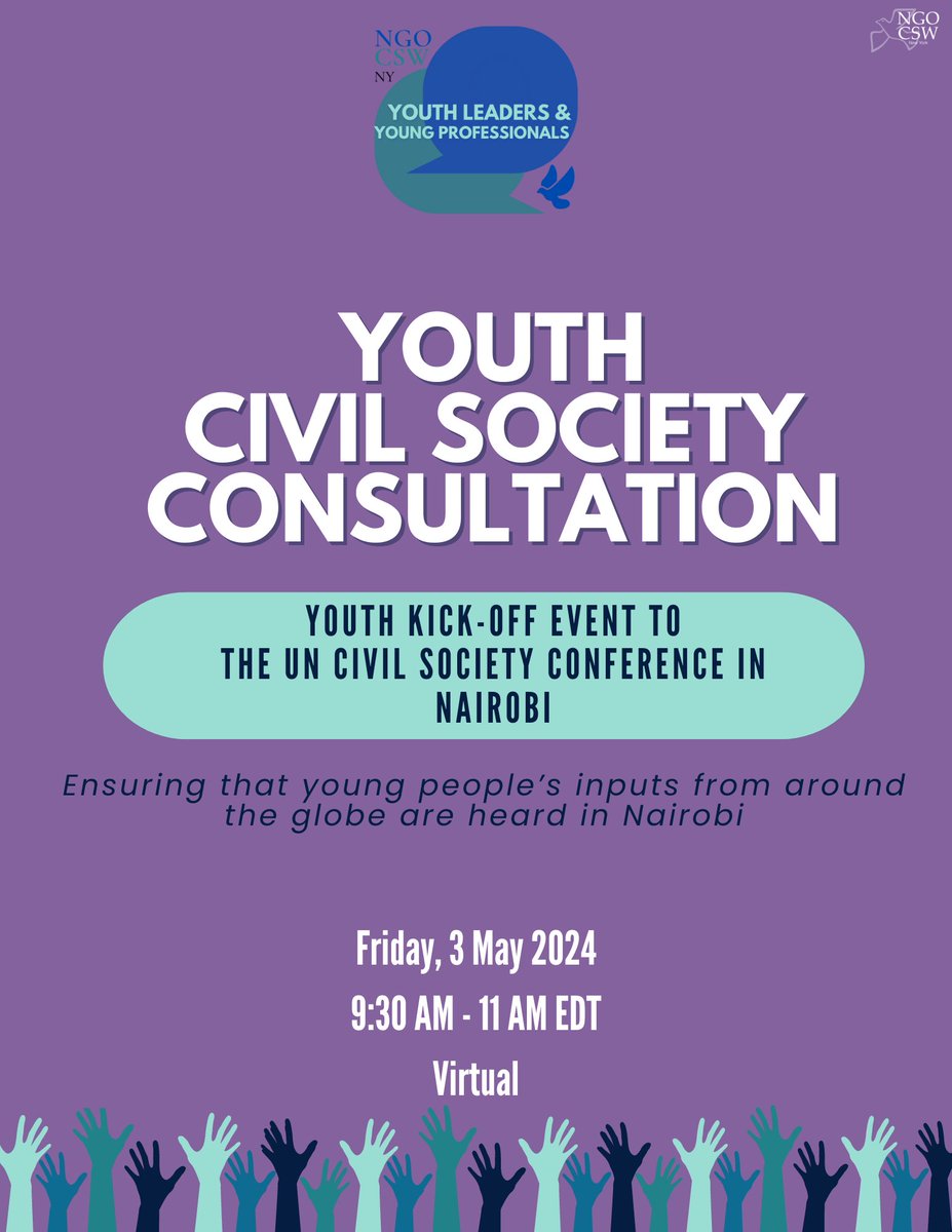 Join us virtually Friday, 3 May for our youth kick-off event to the UN Civil Society Conference in Nairobi! 🗓Friday, 3 May 2024 ⏰9:30 am - 11 am EST 📍Virtual Please register for the event by clicking on the link in our bio!