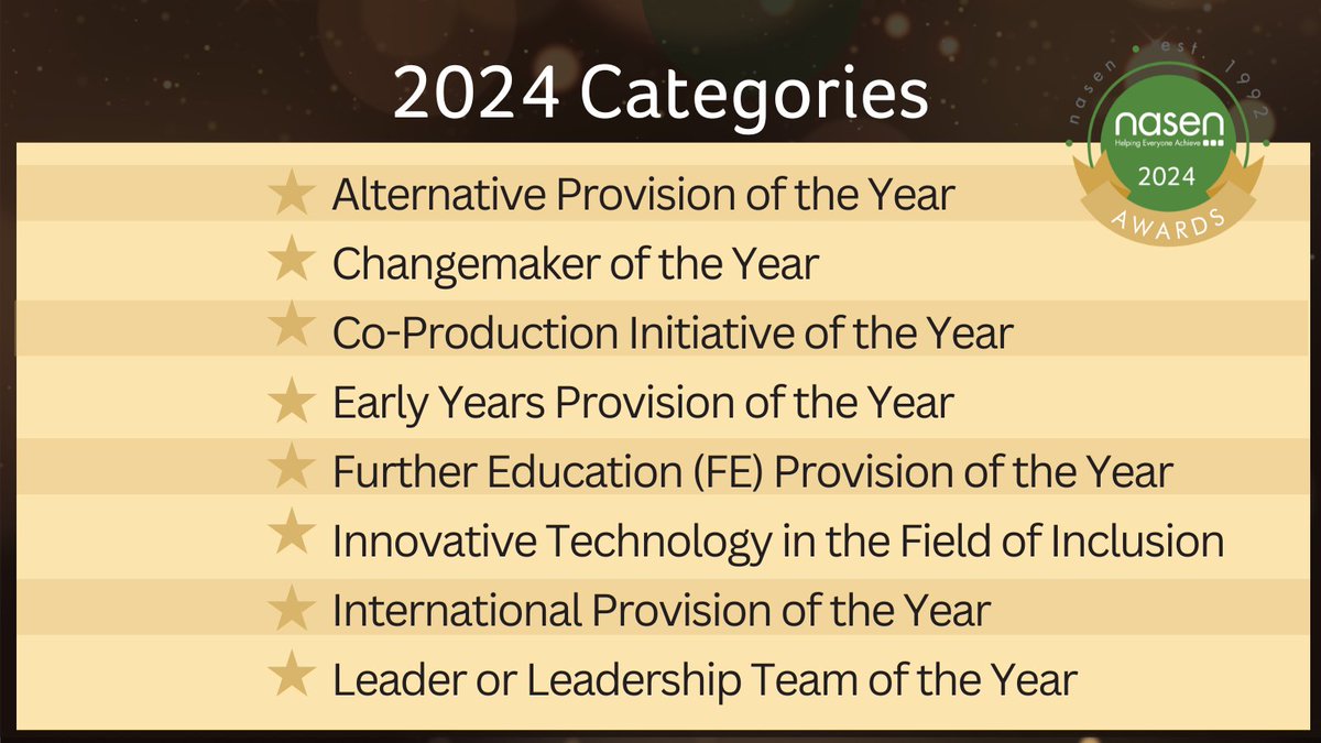 🏆 We've got 15 categories waiting for your nominations! Check out the categories and submit your nomination today. Remember to back it up with evidence! Let's shine a light on those making a real difference! 💫 #nasenAwards #SEND #Inclusion 📚✨ ow.ly/c3QE50ReU56