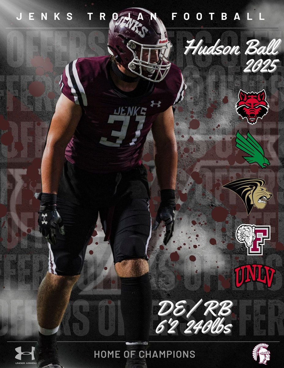 Jenks Trojan Defensive End AND Running Back @HudsonBall22 currently with 5 college offers with more headed his way💥 @CoachAdamGaylor @jaywilkinson @Coach_JHarding @_CoachGreenwood