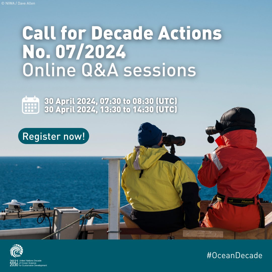 Submit your initiative to the #OceanDecade as part of our Call for Decade Actions No. 07/2024! In case you have questions, join one of our online Q&As on 30 April: 🗓️07:30-08:30 (UTC). Register: ow.ly/O6BN50Rj6SU 🗓️13:30-14:30 (UTC). Register: ow.ly/ex2550Rj6SV