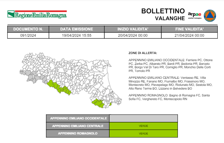 ⛰️#BollettinoValangheER VERDE nessuna allerta dalle 00:00 del 20/04/2024 alle 00:00 del 21/04/2024 ➡️bit.ly/49M5ZPI