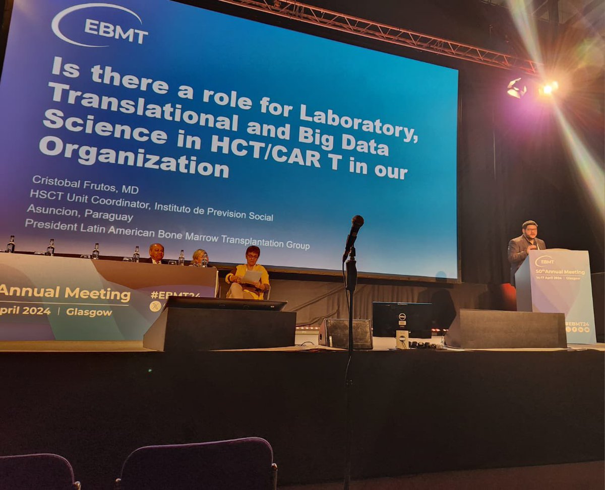 hematologiapy's tweet photo. El 17 de abril,en la ciudad de Glasgow-Escocia, en el marco del 50 th Congreso Europeo @TheEBMT , el Dr. Cristóbal Frutos @chano_py , Presidente de la @LABMT2 (Grupo Latinoamericano de Trasp. de M.O.) nos representó como disertante en tan importante evento científico!
#EBMT2024 https://t.co/PRIyOjlyMi
