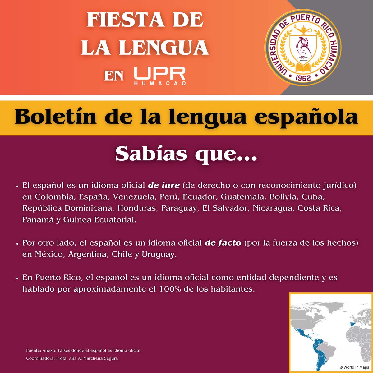 Como parte de la celebración de la Fiesta de la Lengua 2024 en UPR Humacao, el Departamento de Español comparte su Boletín de la lengua española (Ed. #5).

#FiestadelaLengua #Español #UPRH #SiempreBúhos