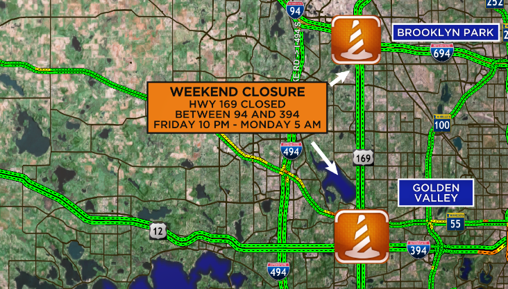 kstptraffic's tweet photo. WEEKEND CLOSURE - Hwy 169 will close in both directions between 394 in Golden Valley to 94 in Brooklyn Park from 10 PM Friday - 5 AM Monday. Use 394, 94 and 494 as an alternate route. You could also use Hwy 100 to get around the closure. #MNtraffic #WeekendClosure https://t.co/FsKzEH3kTK