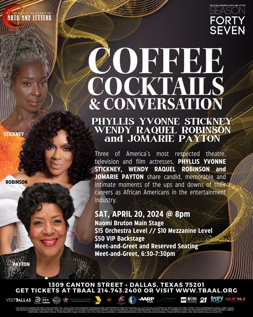 📢TOMORROW we’re bringing the Coffee and Cocktails and these LEGENDARY actresses are bringing the TEA! This is a #Season47 HOT TICKET program you don’t want to miss! TICKETS & INFO: 214.743.2400 | tbaal.org or ticketmaster.com