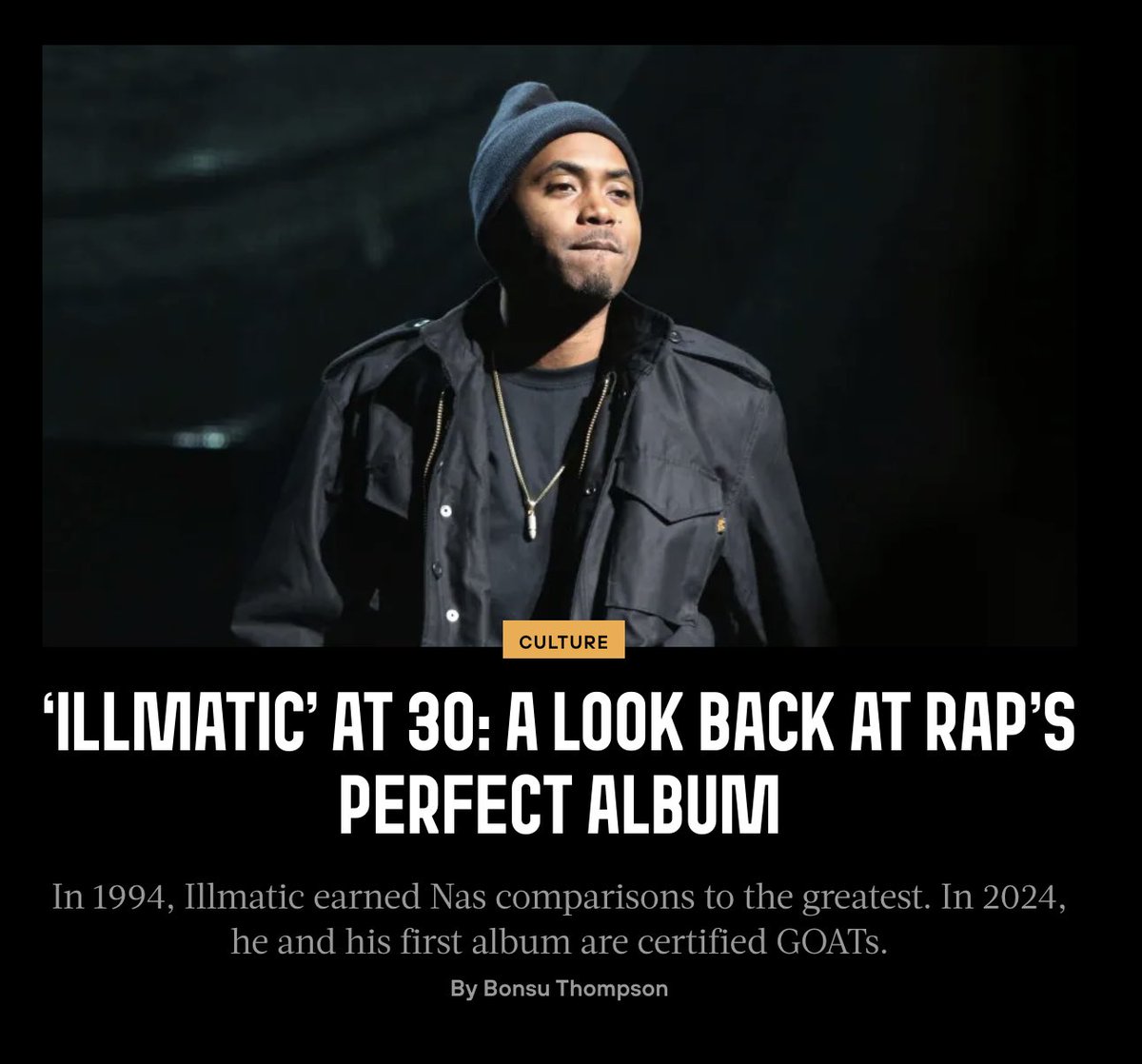 ‘Illmatic at 30: A look back at rap’s perfect album’ 

📝 by @DreamzRreal 

Read: bit.ly/NasIllmaticat30