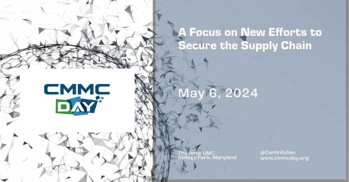 Cybersecurity Maturity Model Certification (CMMC) Day is on 6 May. It's part of a series of industry events focused on the needs of anyone involved with certified #cybersecurity solutions in the federal space. Use our code for a 20% discount: OA2420 cmmcday.org