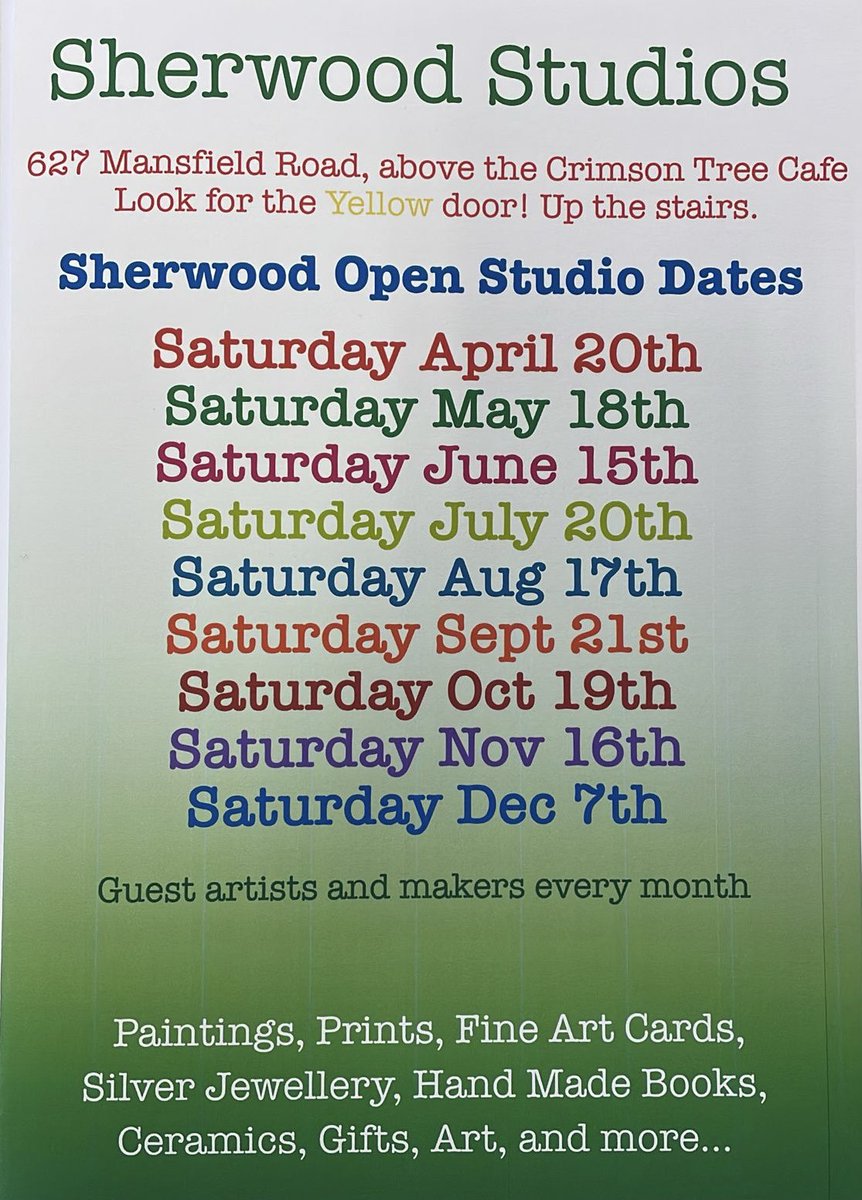 Open Studio tomorrow. Yes, it’s short notice but clear your diary anyway and head into Sherwood. Prints, paintings, cards, ceramics, all manner of fine things at very reasonable prices. 627 Mansfield Road, above the Crimson Tree, through the bright yellow door and up the stairs.