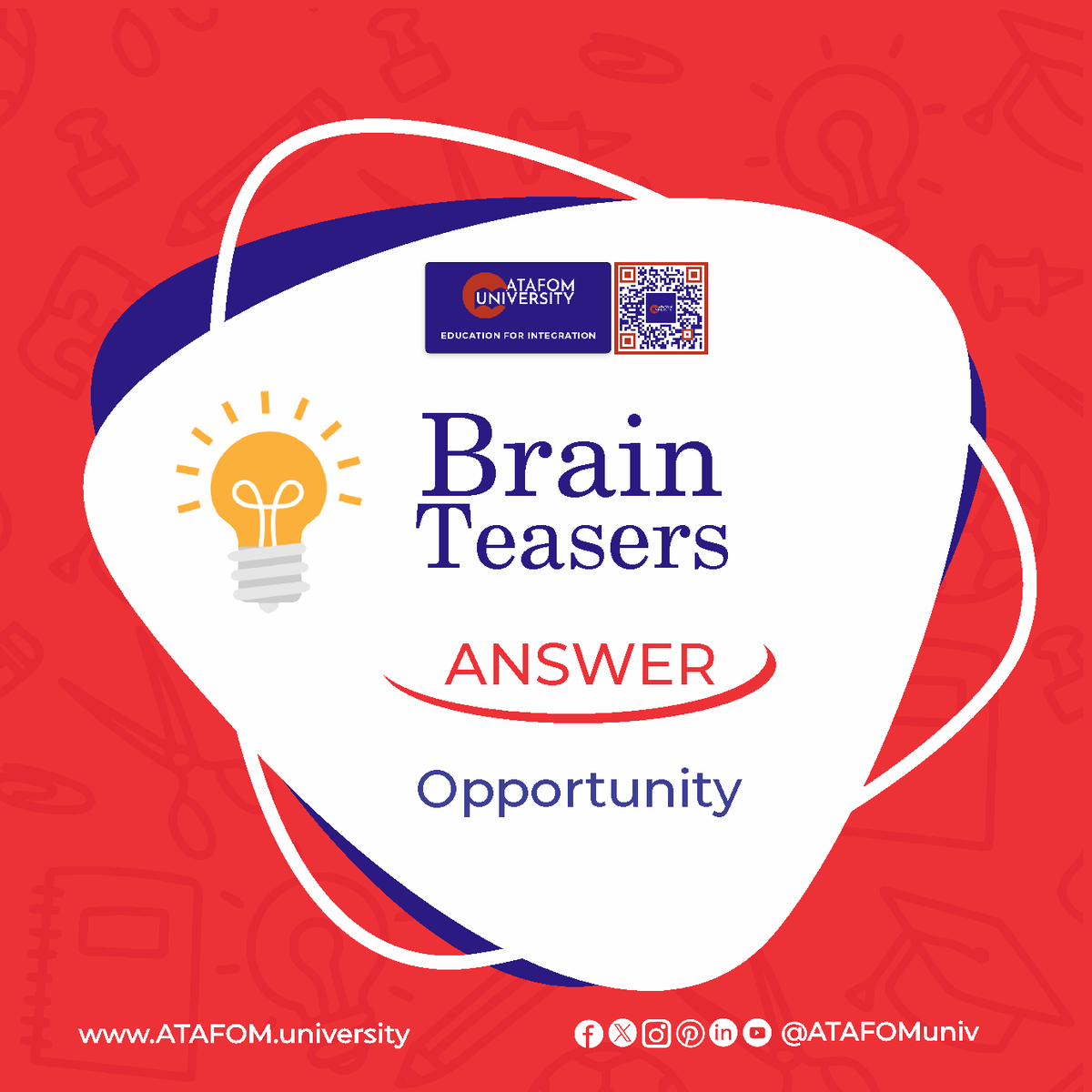Exercise your mind with our latest brain teaser challenge!
Can you solve it? 
Test your wits and sharpen your cognitive skills with ATAFOM University. 

#BrainTeaser #MindChallenge #PuzzleFun #CriticalThinking #BrainGames #UniversityLife #ATAFOMonlinecampus #Learning #Education