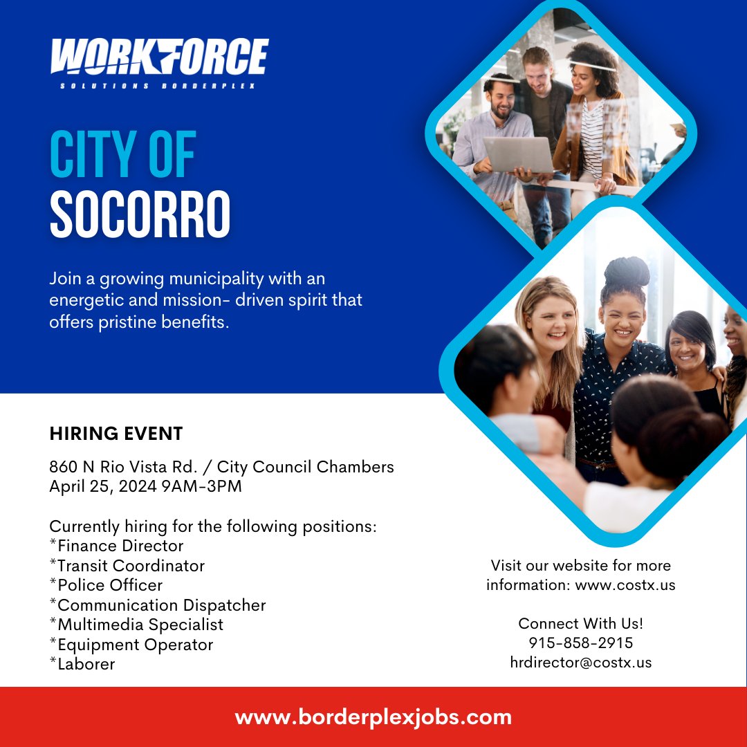 Join us at our hiring event for City of Socorro! Explore a variety of positions across different departments, meet our team, and embark on your journey to a fulfilling career with us. Save the date! More information here: costx.com