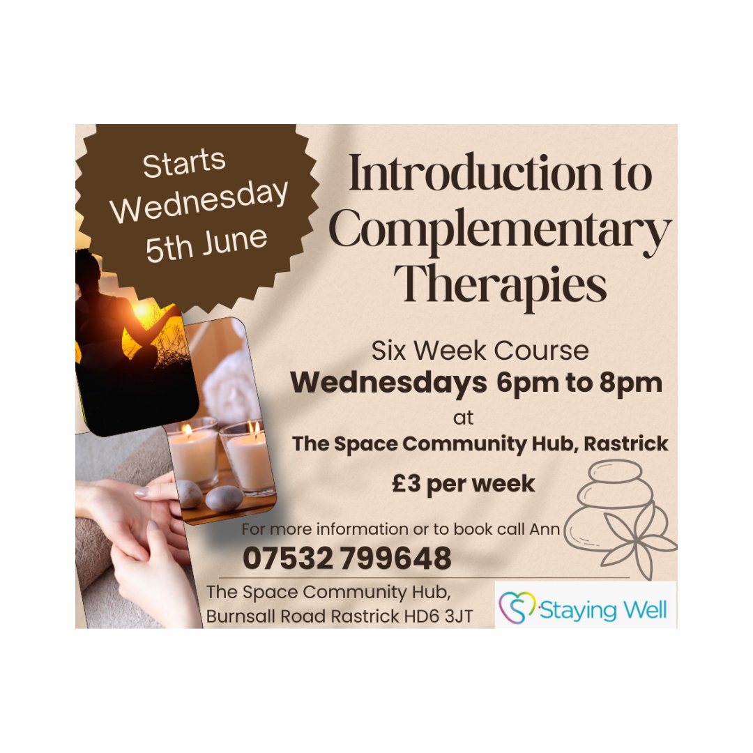 Would you like to know more about complementary therapies? This 6 week course is on a Weds from 5th june at The Space Community Hub, Rastrick For more info or to book call Ann on 07532 799648 #ComplementaryTherapies #WellnessWednesday #MindfulnessMatters #StayingWell #TheSpace