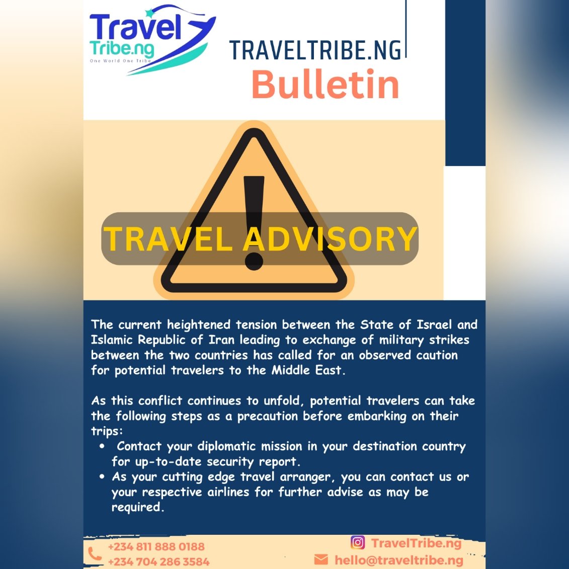 Travel Advisory for prospective travelers to the Middle East...
.
.
.
#MiddleEast #MiddleEastConflict #TravelAdvisory #TravelTribeNG #flights #visas #tours #corporatetravels #airporttransfers #airportprotocols #hotels