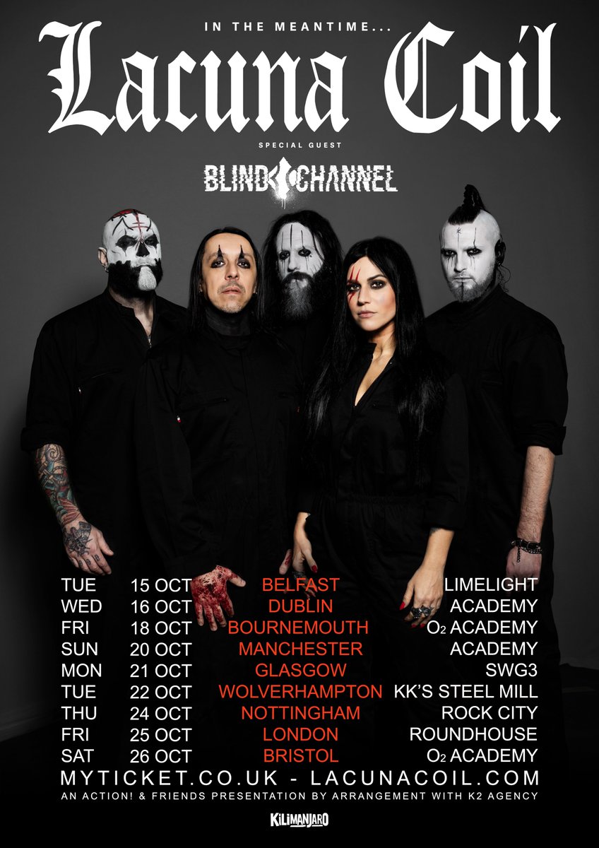 lacuna_coil's tweet photo. IN THE MEANTIME... Belfast and Dublin shows just added 💥 Tickets and VIP upgrades on sale Monday, 10AM local time. 

Happy to announce our friends in @BlindChannelFIN are joining us in October, it's going to be EPIC 🤘 https://t.co/9niNwp0vvG