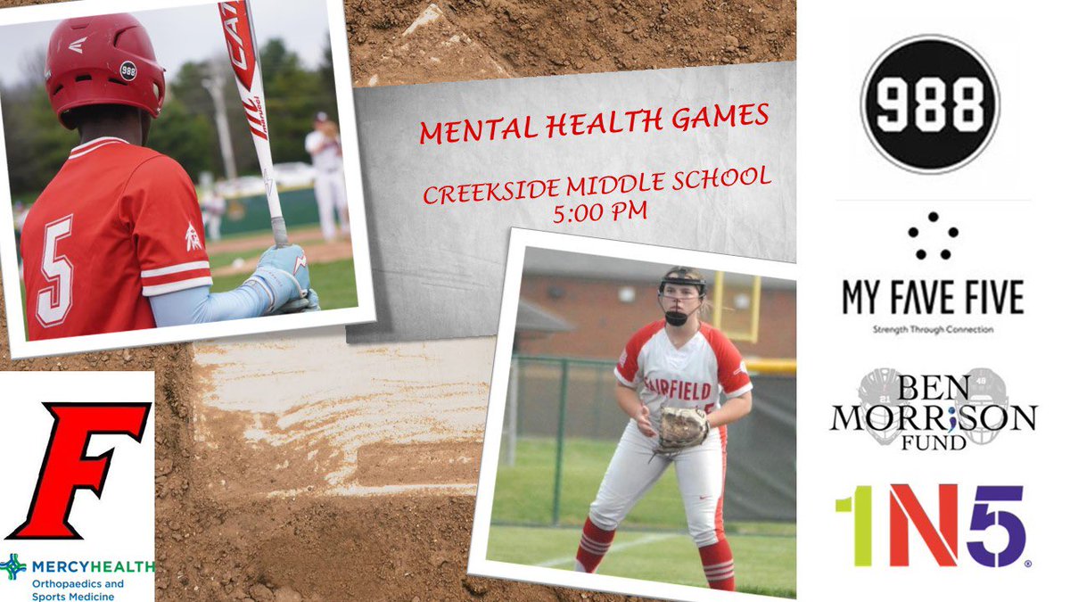 Finishing out the week with our @fairfield_tribe and @FairfieldSB #MentalHealthAwareness Games. We will see you behind Creekside MS to #EndTheStigma & show #MentalHealthMatters! #ContinueYourStory @TeamforBen @988Initiative @MYFAVEFIVE1 @1N5_org @fcsdathletics @FCSDNews