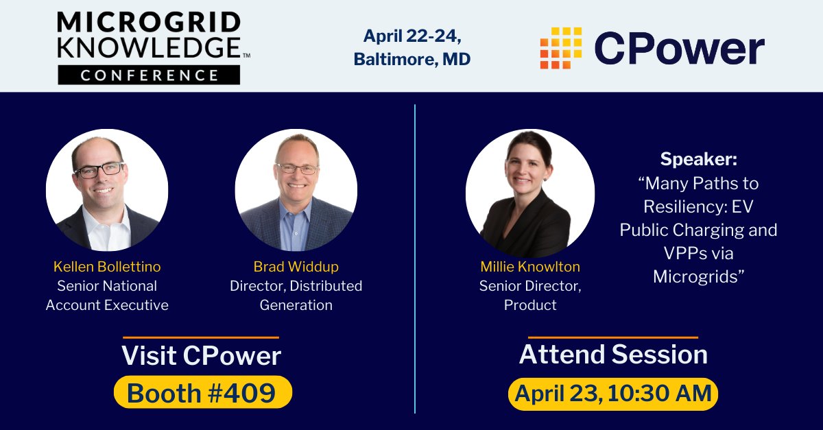 Going to #MicrogridKnowledge in Baltimore? Come say hi at CPower’s booth #409. On 4/23, CPower will be speaking about #EVcharging, #microgrids, and #VPPs Join our cocktail party at McCormick & Schmicks. RSVP to events@cpowerenergy.com for more info!