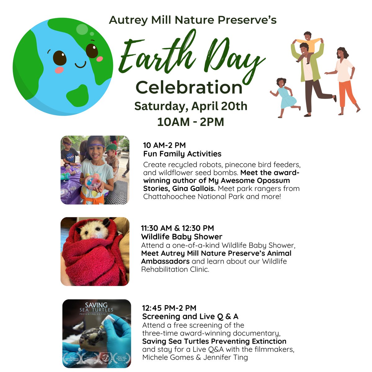 autreymill's tweet image. All activities are FREE!

Saturday April 20th, 2024
10 AM – 2 PM
Autrey Mill Nature Preserve
9770 Autrey Mill Road
Johns Creek, GA 30022
#eathday #johnscreek #familyfun #freeevnts #freemovie #animals #artsandcrafts