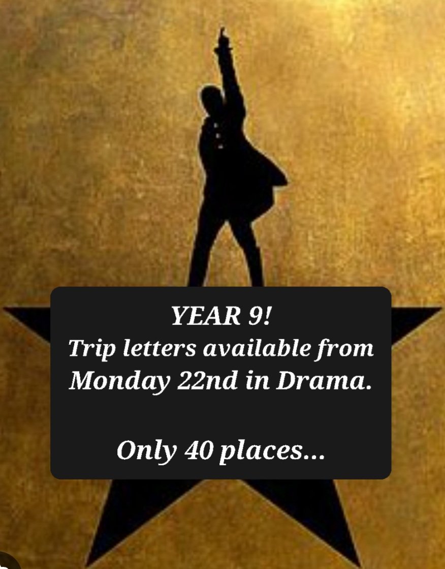 Year 9 make sure you don't throw away your shot to be part of this trip to watch Hamilton live and have a special Q & A with the cast and crew. #joinin #cantpromisemrsspillerwontrap #teamholyrood