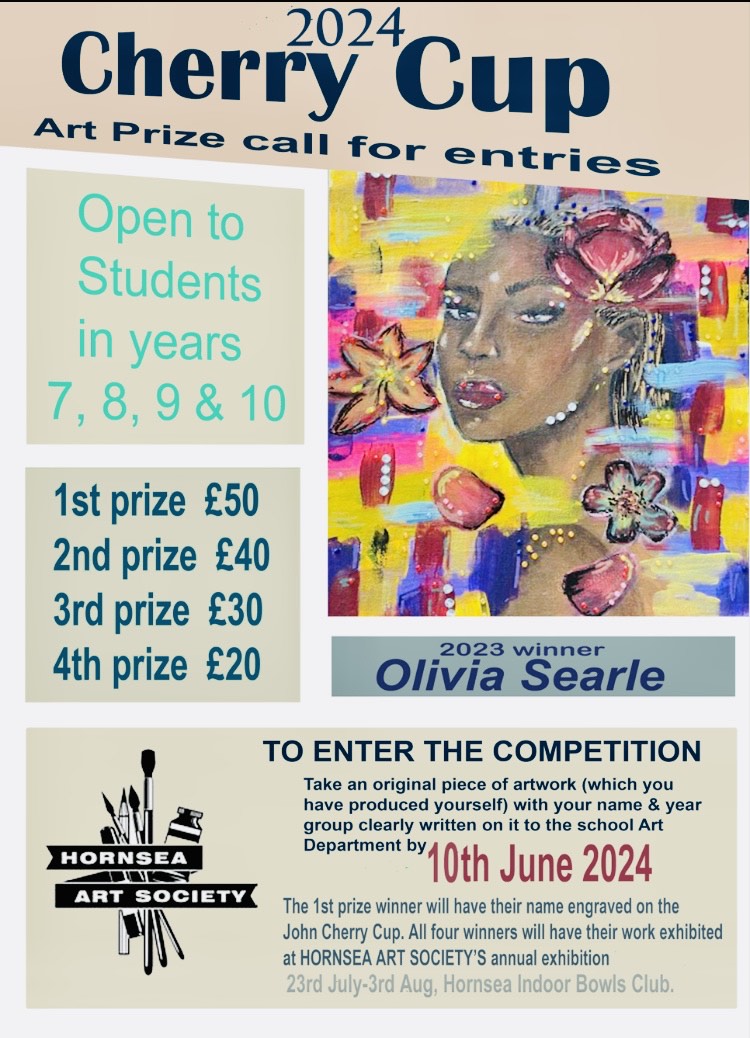 🎨ART NEWS... CHERRY CUP ART COMPETITION The Cherry Cup is running again this year to take part students from year 7 -10 need to enter a piece of art work; any scale, medium or subject. All entries need to be given in by 10th June.