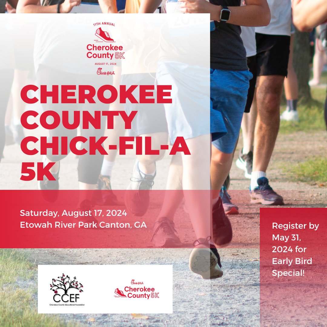 Join us for a day of fun and fitness at the Cherokee County Chick-fil-A 5K! Register by May 31, 2024 and receive discounted pricing and a FREE Chick-fil-A Meal! cherokeecounty5k.com #Cherokeecountyeducationalfoundation #CCEF #CCSDFam #RunForEducation #CherokeeCounty5K