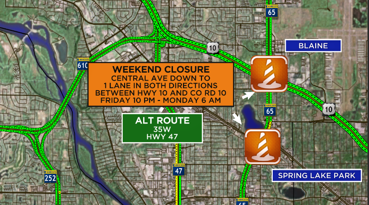kstptraffic's tweet photo. WEEKEND CLOSURE - Central Ave. will go down to 1 lane in both directions between Hwy 10 in Blaine and Co Rd 10 in Spring Lake Park. The closure will run from Friday 10 PM - Monday 6 AM. Use 35W or Hwy 47 as an alternate route. #MNtraffic #WeekendClosure https://t.co/6eY9RSQE8O