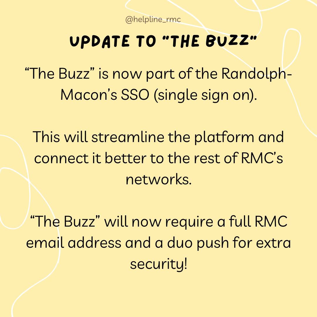 TechnologyMacon's tweet image. The Buzz has a new update!!
It's now part of the SSO and will require a full RMC email and a duo push for extra security!
#rmc #randolphmacon #its #helpline #smishing #phishing #texting #tips #awareness #whatis #tiptuesday #factsfriday #sso #update #thebuzz #studentengagement