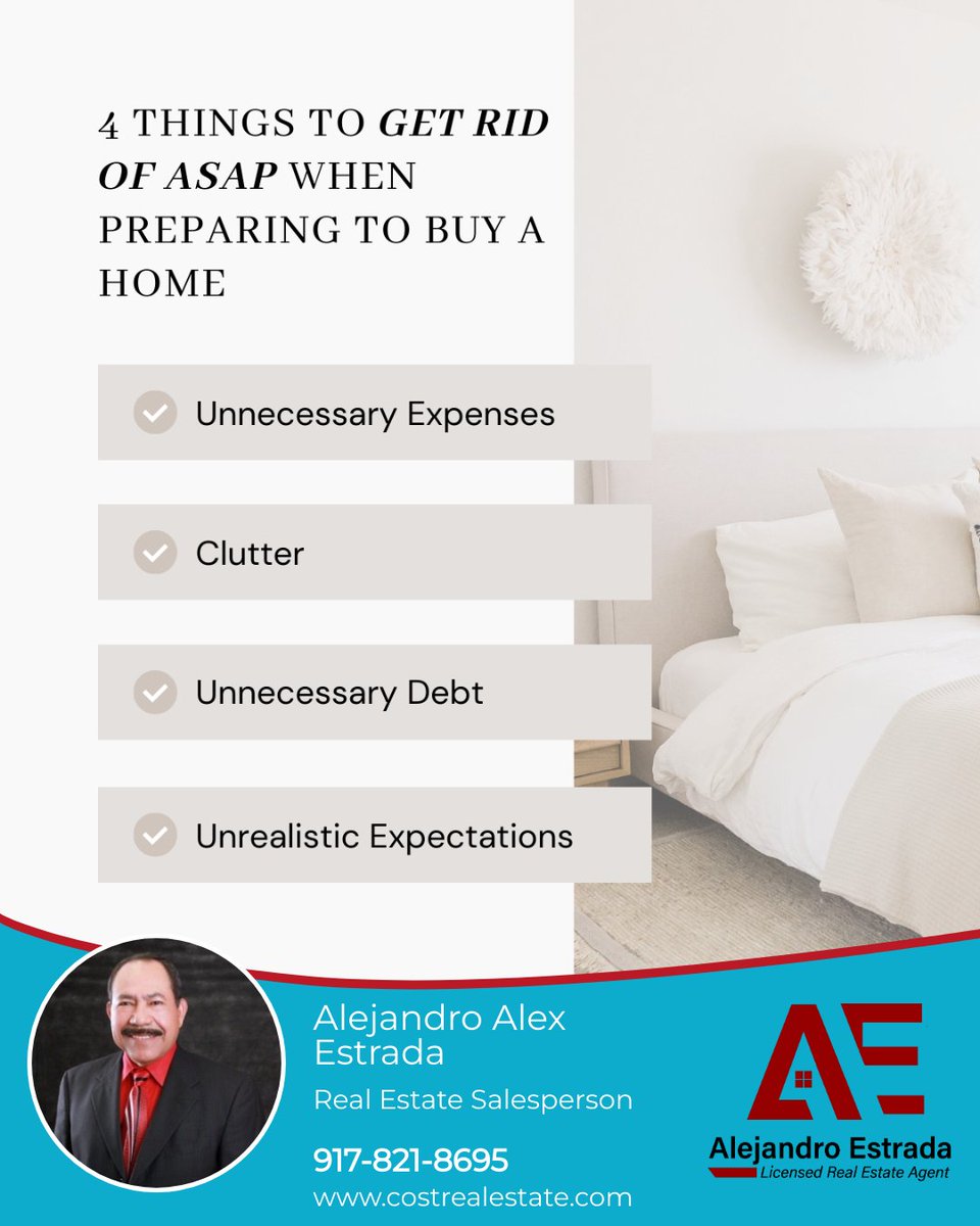 Buying a home? Ditch these 4 things: 1) Unneeded expenses - save for closing costs and essentials. 2) Clutter - ease your move. 3) Excess debt - improve mortgage terms. 4) Unrealistic expectations - stay practical. 

#homebuyingprep #budgetingtips #decluttering #financialhealth