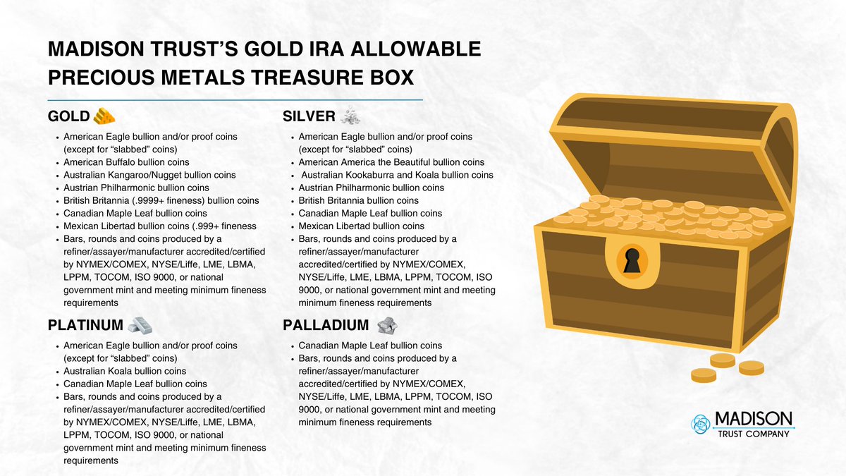 Did you know you can invest in precious metals with a #SelfDirectedIRA? Explore the types of precious metals allowed to be held with your Self-Directed IRA and the benefits of this exciting investment in our blog: madisontrust.com/plating-your-g… #PreciousMetals #SDIRA #RetirementPlanning