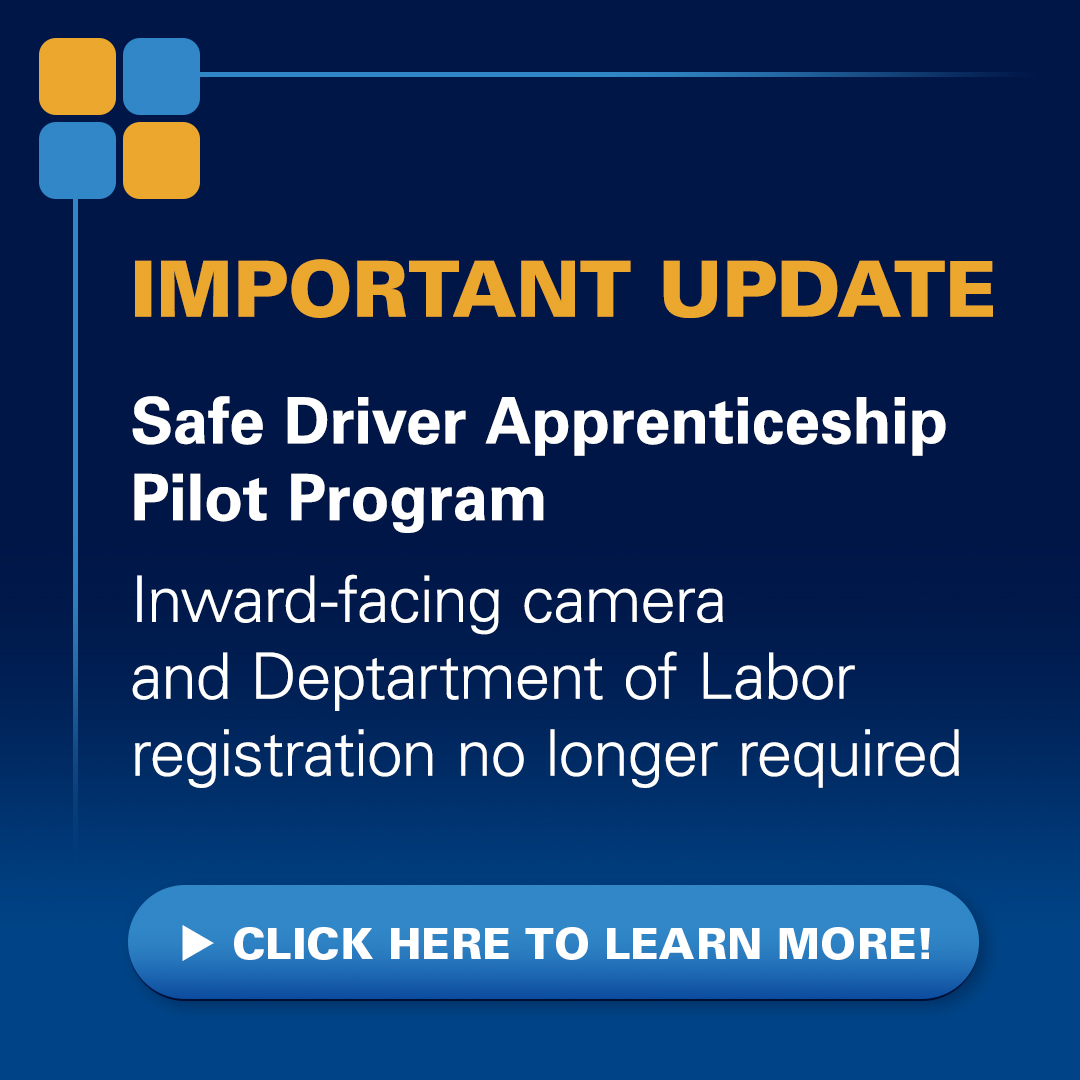 FMCSA's tweet photo. Motor carriers are no longer required to have inward-facing cameras or a Dept of Labor Registered Apprenticeship Program number to participate in the Safe Driver Apprenticeship Pilot Program. Visit https://t.co/HZfjTvXriF to learn more. #SDAP #FMCSA #SafeDriverApprenticeshipPilot https://t.co/SHvqxzosB6