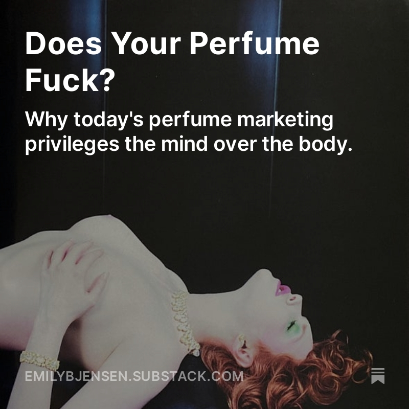 ebjens's tweet photo. Do you think Gen Z would have more sex if their perfume ads told them to? Over on my substack today I'm pondering the decline of sex-sells perfume marketing  https://t.co/oIqZVLGFIV https://t.co/g3rX6TOHgL