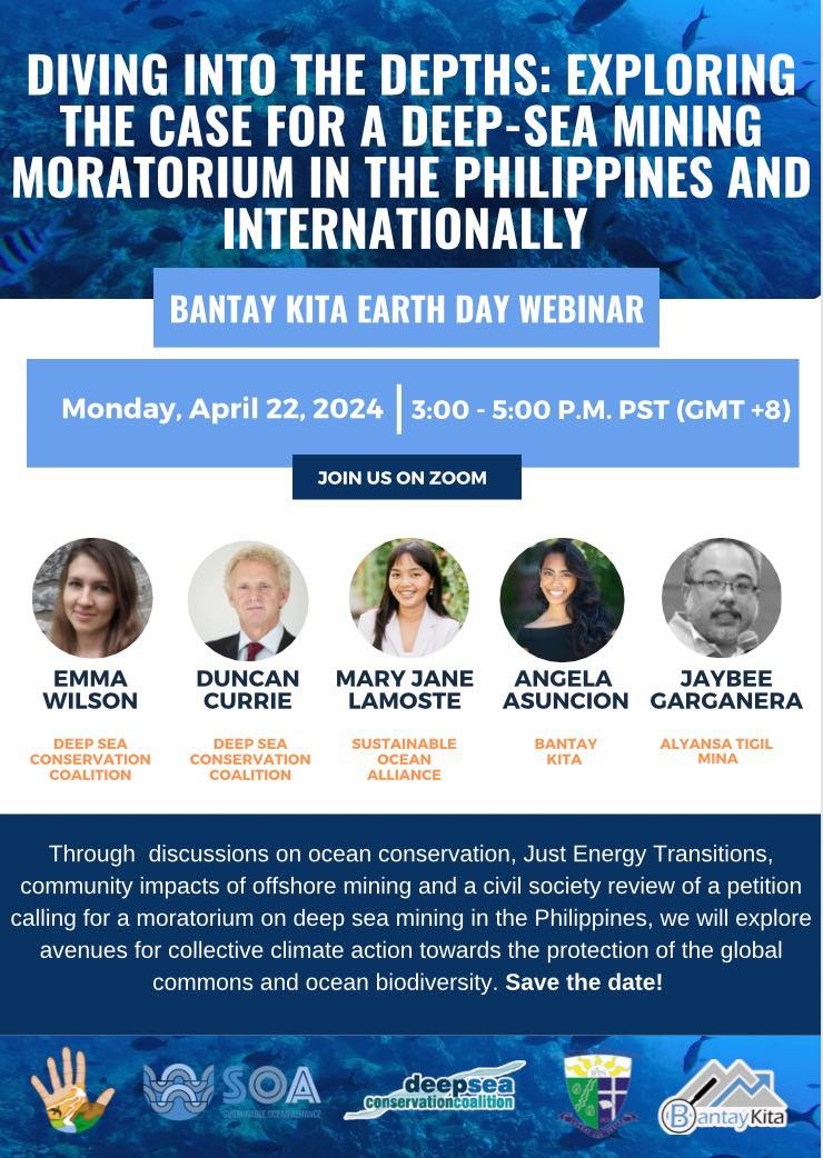 Join us on Monday for a webinar on #DeepSeaMining. Our Emma Wilson & @Duncan_Currie are among the panelists discussing the environmental, social & economic implications of deep-sea mining and a moratorium in the Philippines. 📅 3 PM (GMT +8) ➡️ zoom.us/j/96158149832?…