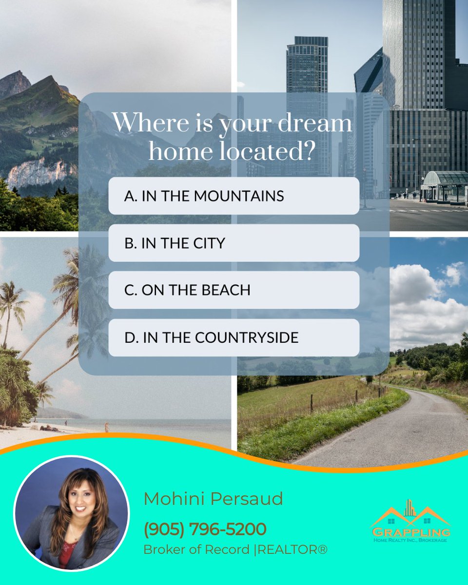 What's your dream home location—mountains, city, countryside, or beach? Share your ideal setting.

#dreamhome #perfectlocation #mountainretreat #citylife #countrysideliving #beachfront #torontorealestate #bramptonrealestate #mississaugarealestate #GrapplingHomeRealty