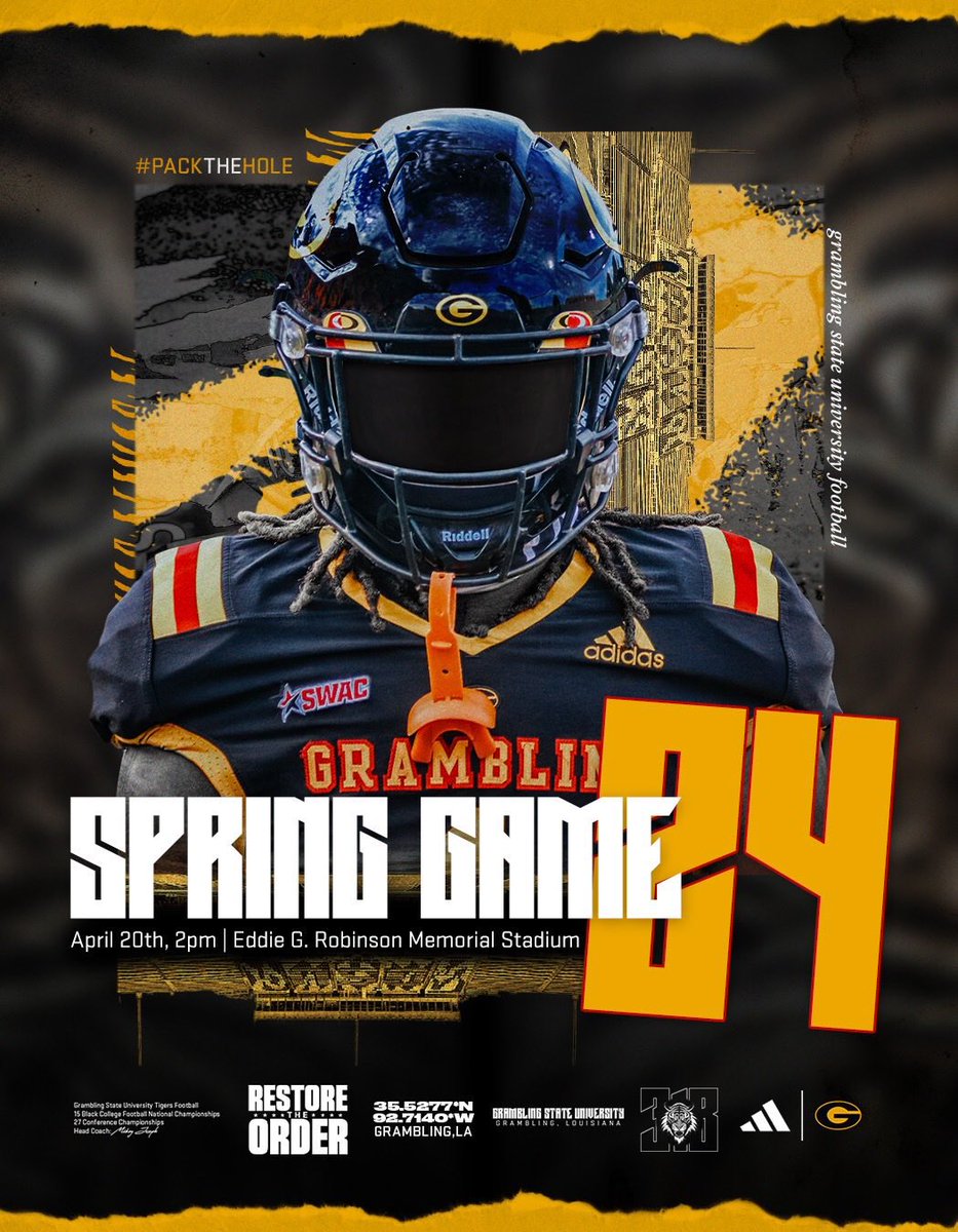 It’s almost that time. ⚫️🟡 Tap in if you pullin up to Exit 81 tomorrow for the Black and Gold Spring Game 2:00 Eddie Robinson Memorial Stadium Restore The Order am.ticketmaster.com/grambling/Spri…