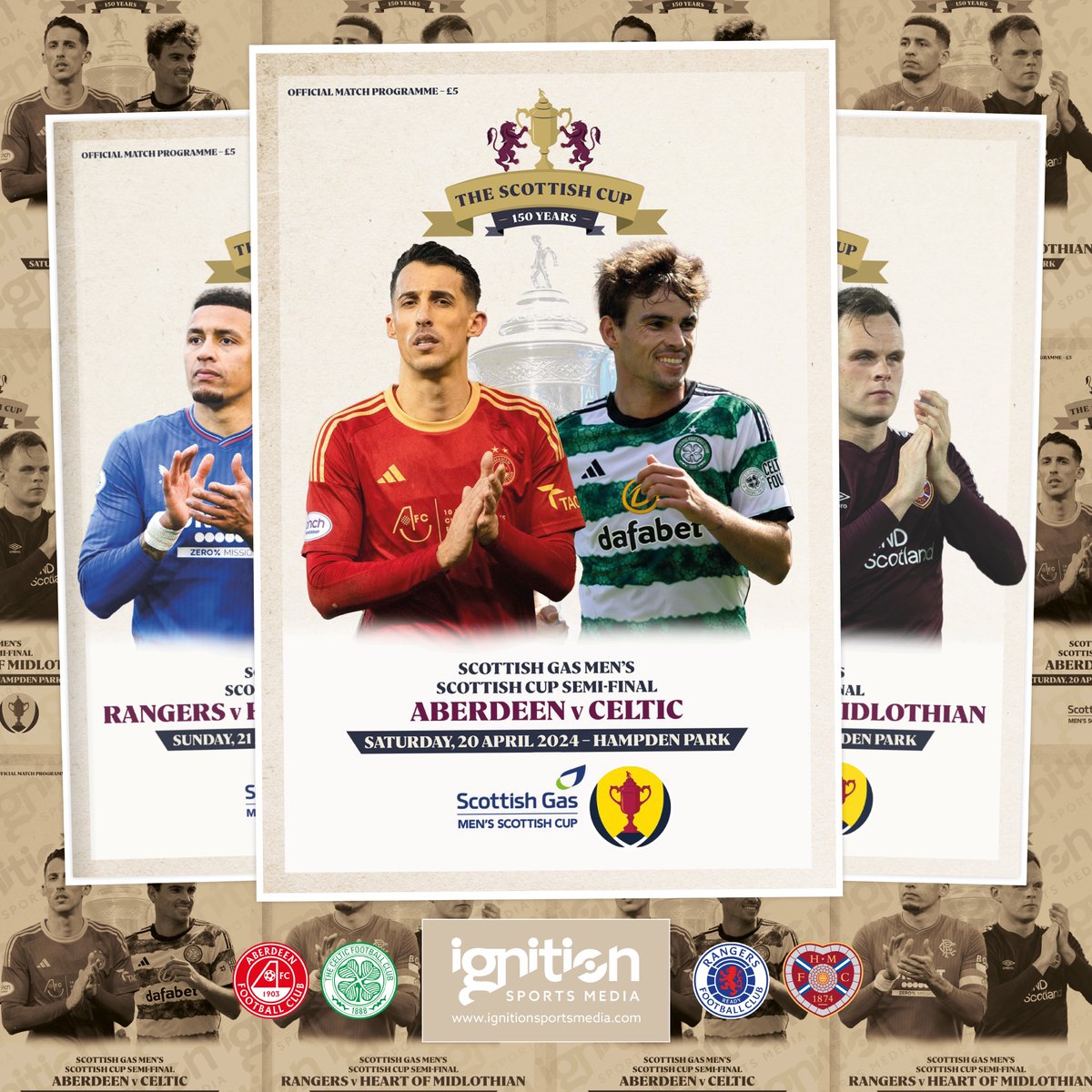 It’s a Scottish Cup semi-final extravaganza at Hampden this weekend as Aberdeen, Celtic, Hearts and Rangers look to earn passage to the competition’s landmark 150th Final this season. ignitionsportsmedia.com/products/aberd… ignitionsportsmedia.com/products/range… @AberdeenFC @CelticFC @RangersFC @JamTarts