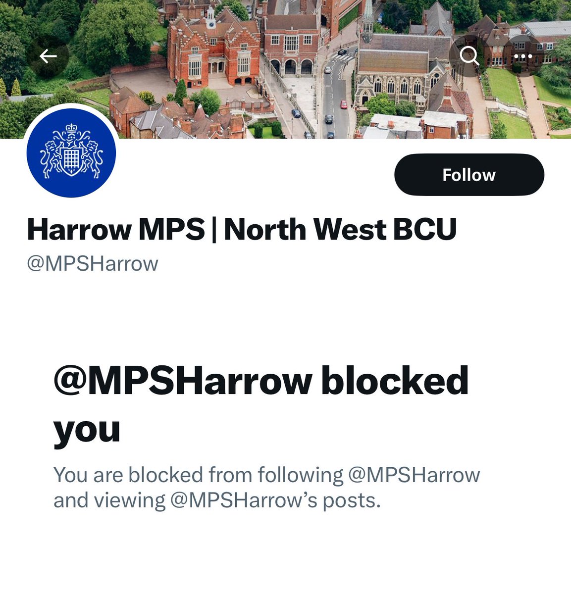 Wtf? The Met Police in Harrow have blocked me??

Why?? Is it because I’m Jewish and I am trying to fight antisemitism in this country?

Is this actually happening? Wow.

I have never commented on anything that account has posted, didn’t even know it existed.
