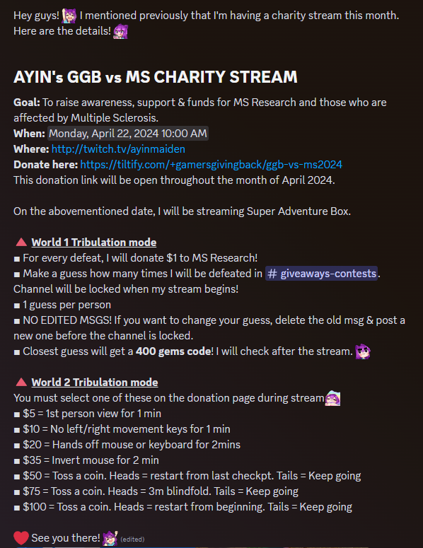 AyinMaiden's tweet photo. GGB vs MS #charity
🔸 https://t.co/ygL8Y21w0s
🔸 Check details below!
400 💎 #Giveaway
☑️ Join https://t.co/1W6L1TIOsX
☑️ Guess how many times I will be defeated in #GuildWars2 #SuperAdventureBox World 1 Tribulation Mode on my 22 April stream!
Sponsored by @ArenaNet https://t.co/zenKtOfPoA