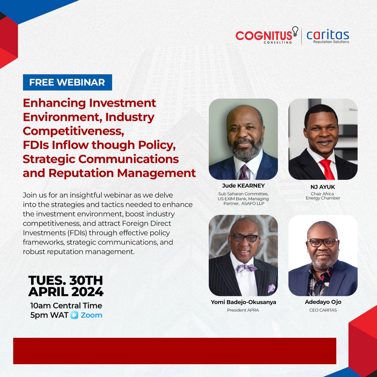 Don’t miss out on this educational webinar with influential figures including African Energy Chamber Executive Chairman Mr @nj_ayuk where it’s set to delve into strategies and tactics in enhancing investment environment, investigate strategic communications and reputation