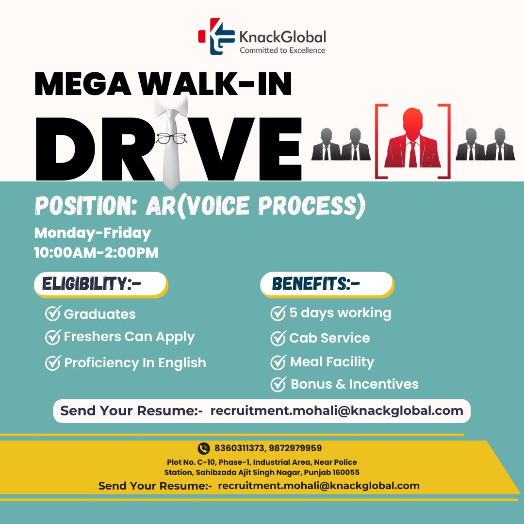 Walk-in Drive !!!
Monday - Friday; 10 AM - 3 PM

Position Open: AR(Voice Process)

Venue: Plot No. C-10, Phase-1, Industrial Area, Mohali, Punjab.

Contact Numbers: 8360311373, 9872979959

#HiringNow #walkininterview #cv #freshers #jobs #mohali #HiringNow #success #walkindrive