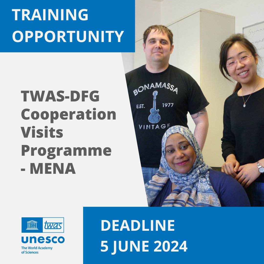 The TWAS-@dfg_public Cooperation Visits Programme is seeking candidates from the Middle East and North Africa (MENA region) for scientific training in Germany! Learn more: canhttps://www.twas.org/opportunity/twas-dfg-cooperation-visits-programme-mena