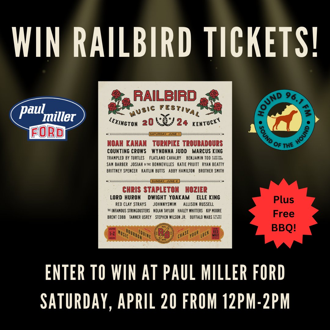 Our good friends @houndfm will be with us tomorrow giving away 2 tickets to Railbird! Come enter for your chance to win and get some free BBQ too! #bbq #railbirdmusicfestival #giveawayalert #lextoday #LexingtonKy #railbird